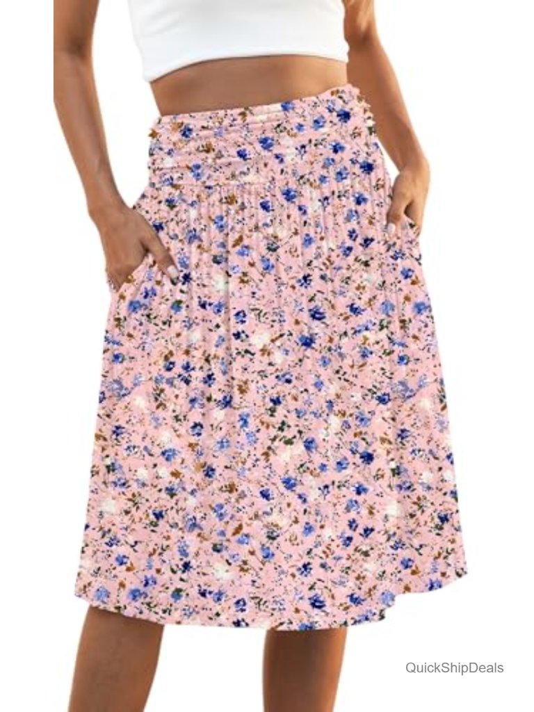 Flowy Elastic High Waisted Midi A-Line Pleated Skirt With Pockets S-Xxxl